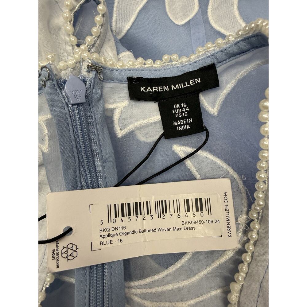 NWT Karen Millen Blue Applique Organza Buttoned Midi Dress Balloon Sleeves 12 - Picture 7 of 8